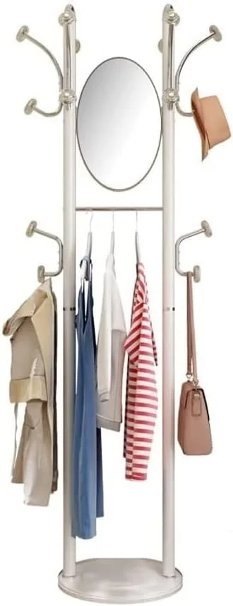 جالباسی ایستاده با طراحی مدرن و صرفه جویی در فضا، ساخته شده از استیل ضد زنگ، مناسب برای ورودی منزل، دارای 14 آویز منحصر به فرد و آینه (سفید)