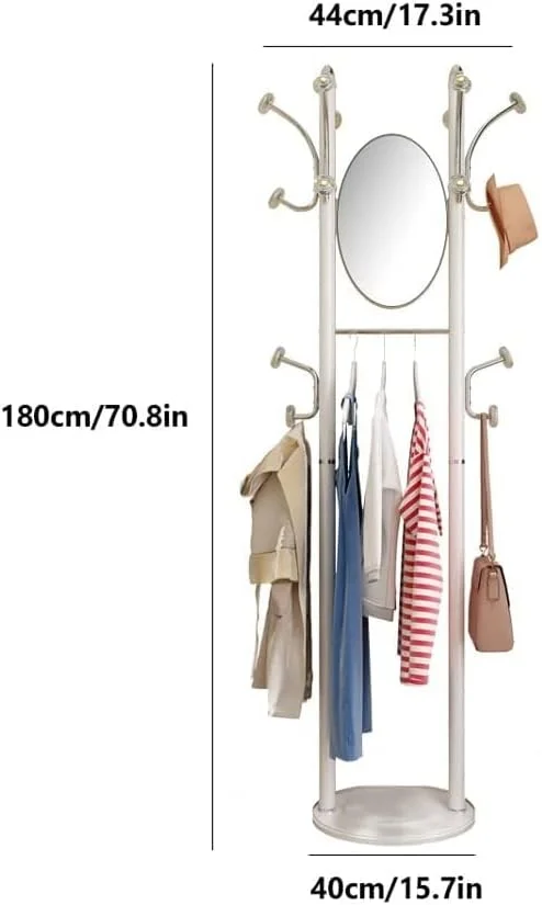 جالباسی ایستاده با طراحی مدرن و صرفه جویی در فضا، ساخته شده از استیل ضد زنگ، مناسب برای ورودی منزل، دارای 14 آویز منحصر به فرد و آینه (سفید)