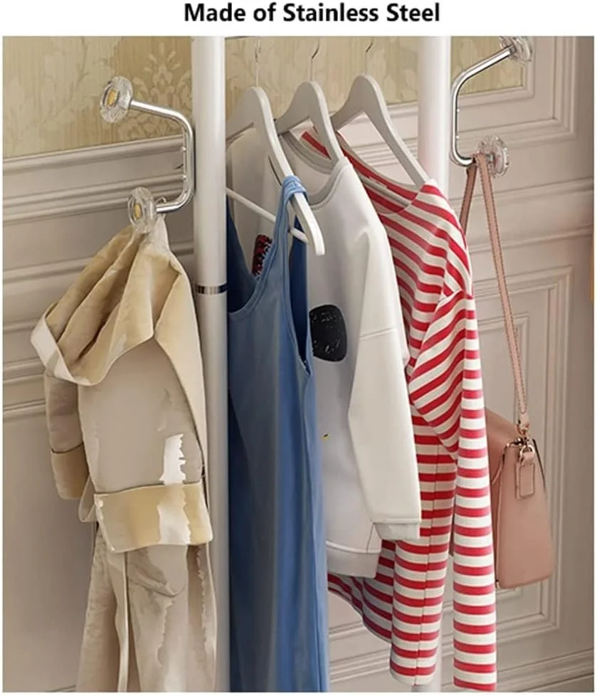 جالباسی ایستاده با طراحی مدرن و صرفه جویی در فضا، ساخته شده از استیل ضد زنگ، مناسب برای ورودی منزل، دارای 14 آویز منحصر به فرد و آینه (سفید)