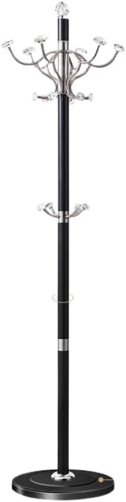 جالباسی ایستاده فلزی کم جا، جالباسی درختی با آویز چرخشی 360 درجه برای کت، کلاه، کیف، ورودی و لباس (مشکی)