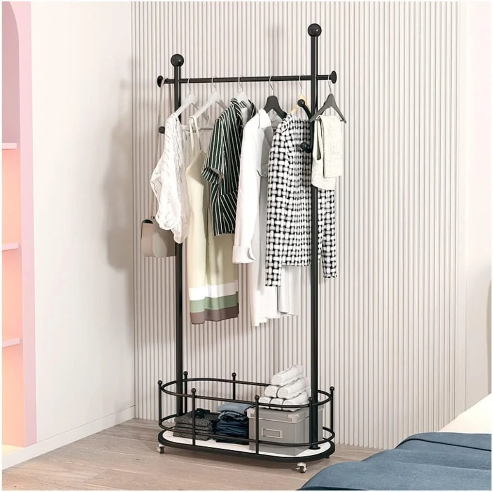 رخت آویز ایستاده فلزی با قابلیت صرفه جویی در فضا، رگال لباس با میله آویز لباس، کلاه، کیف دستی، مناسب برای ورودی منزل (مشکی - 175 * 35 * 75 سانتی متر)