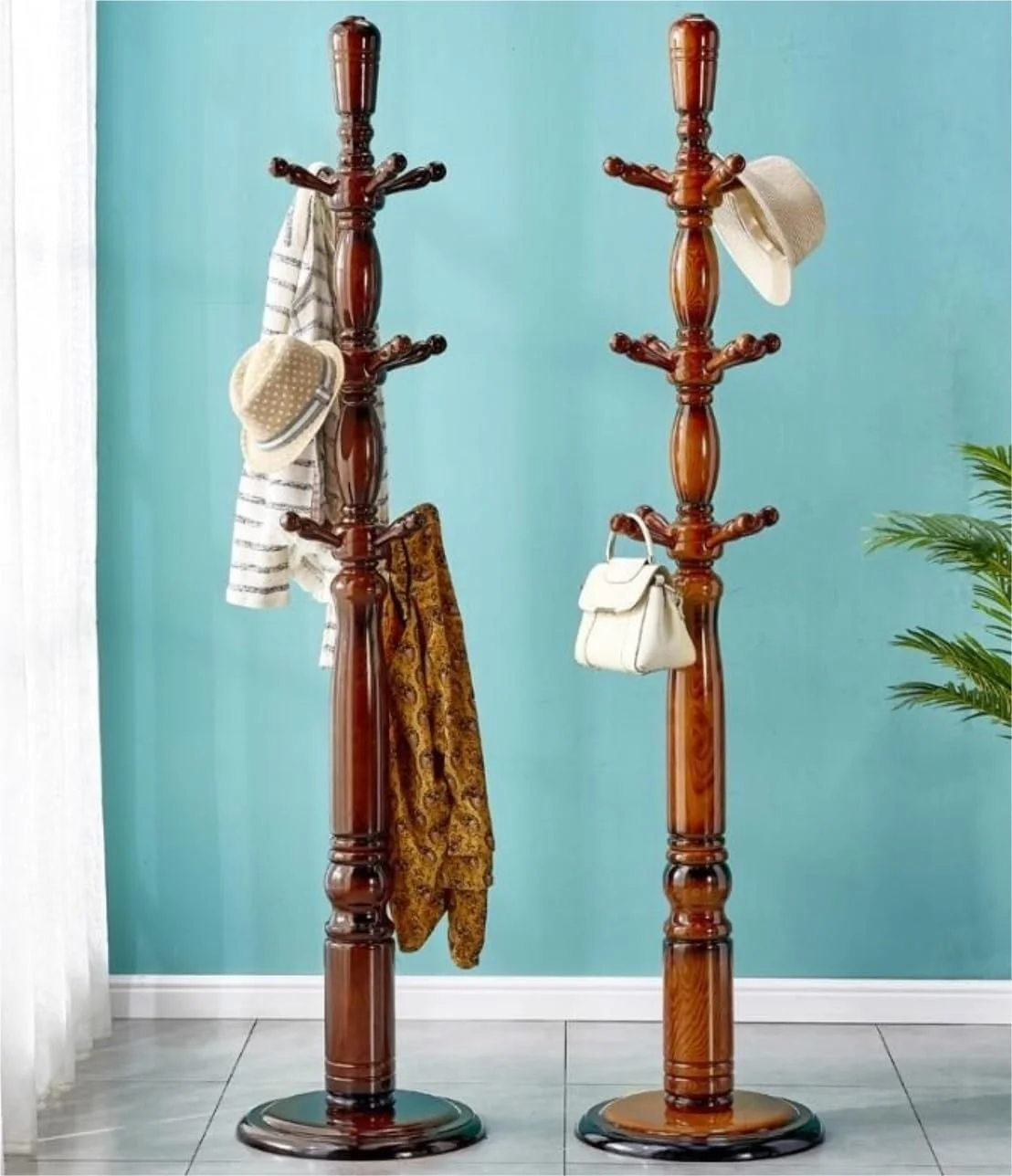 جالباسی ایستاده چوبی با طراحی کم‌جا، دارای ۱۲ آویز و پایه گرد مقاوم برای کلاه، کیف و لباس - مناسب ورودی منزل (قهوه‌ای - ۱۸۷ سانتی‌متر)
