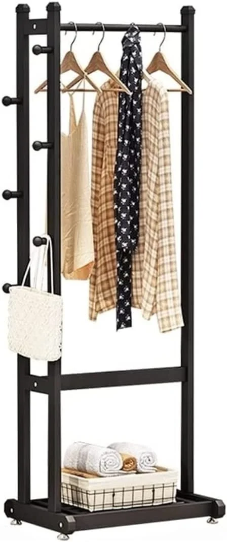 رخت آویز ایستاده فلزی با قفسه، مناسب برای کلاه، لباس، کیف دستی، ورودی منزل، اتاق خواب و مرتب سازی وسایل (مشکی - 90 * 45 * 165 سانتی متر)