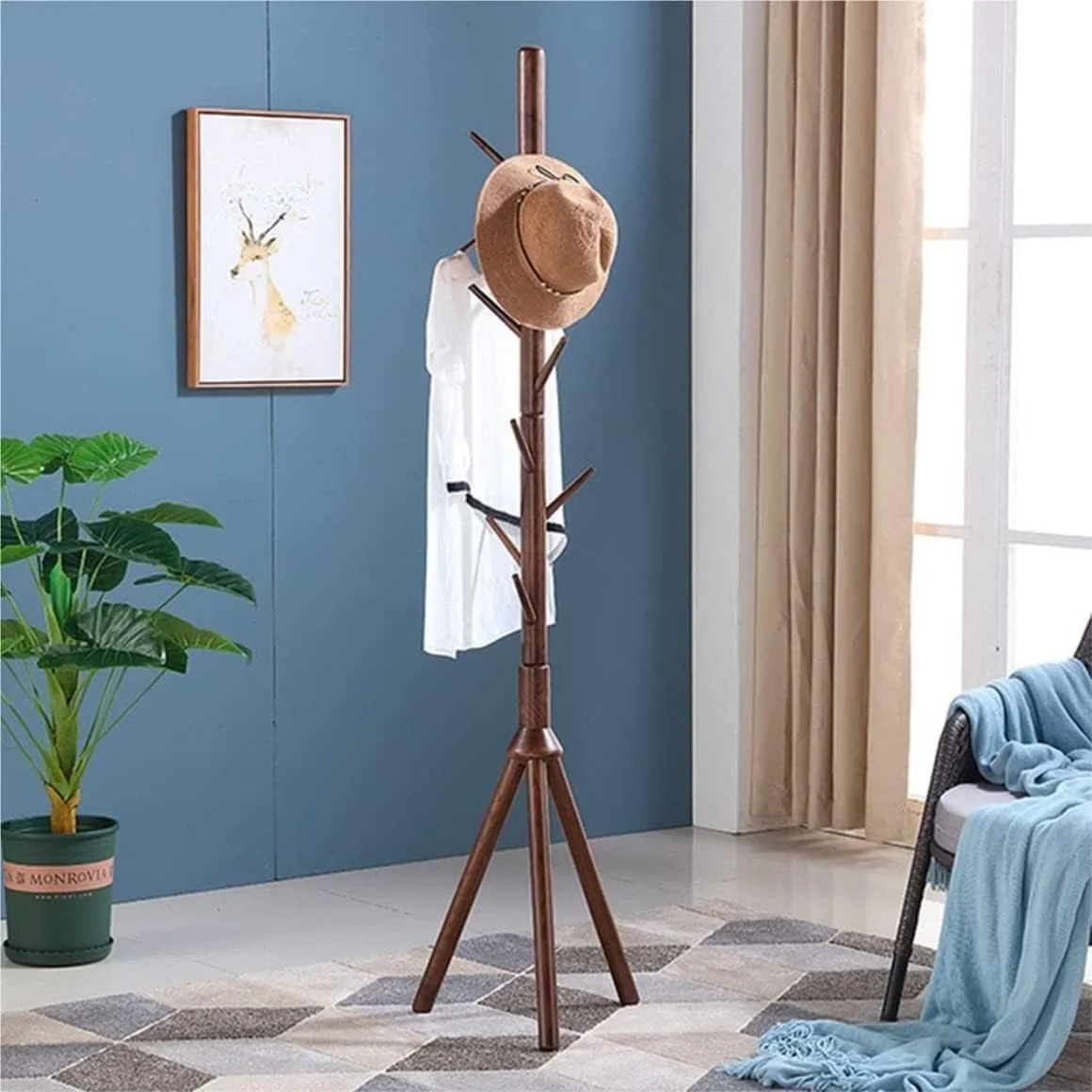 جالباسی ایستاده با طراحی عمودی و اشغال فضای کم، مناسب برای نگهداری لباس، کیف، کلاه در اتاق خواب، قفسه نمایش و آویز لباس چوبی خلاقانه، مناسب برای ورودی منزل (رنگ چای - 172 * 42 سانتی متر)