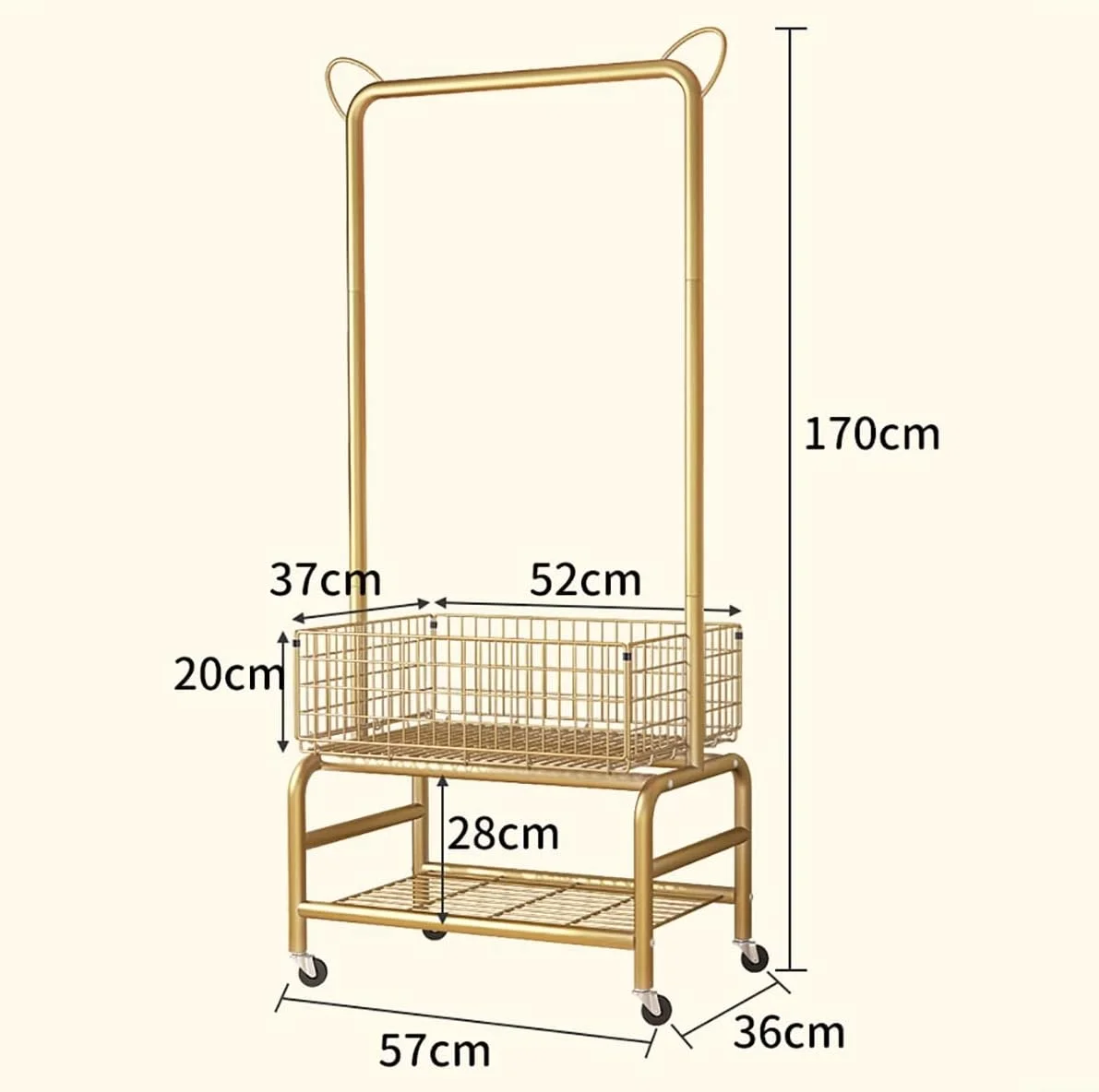 جالباسی ایستاده فلزی با سبد و قفسه دو طبقه، چرخشی 360 درجه، مناسب راهرو، ورودی، حمام و اتاق نشیمن، طلایی، 57X36X170cm