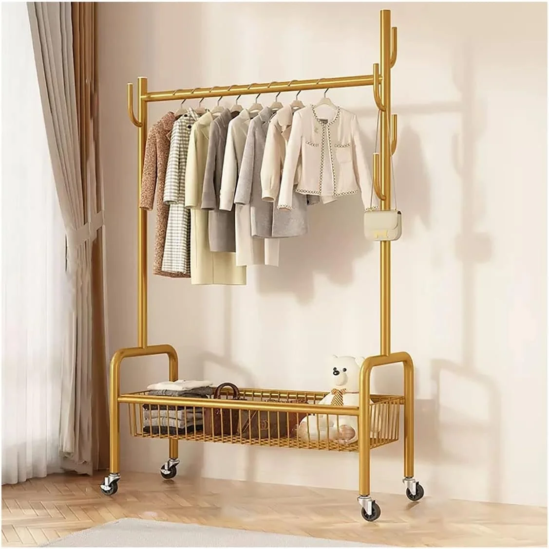 نیمکت کفش، جالباسی ایستاده فلزی با سبد، رگال لباس ایستاده با میله آویز و چرخ های 360 درجه برای راهرو، ورودی، حمام و اتاق نشیمن، طلایی، 120X35X172 سانتی متر