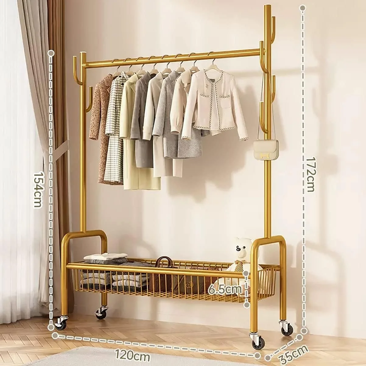 نیمکت کفش، جالباسی ایستاده فلزی با سبد، رگال لباس ایستاده با میله آویز و چرخ های 360 درجه برای راهرو، ورودی، حمام و اتاق نشیمن، طلایی، 120X35X172 سانتی متر