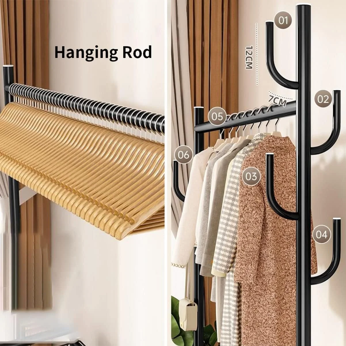 نیمکت کفش، جالباسی ایستاده فلزی با سبد، رگال لباس ایستاده با میله آویز و چرخ های 360 درجه برای راهرو، ورودی، حمام و اتاق نشیمن، طلایی، 120X35X172 سانتی متر