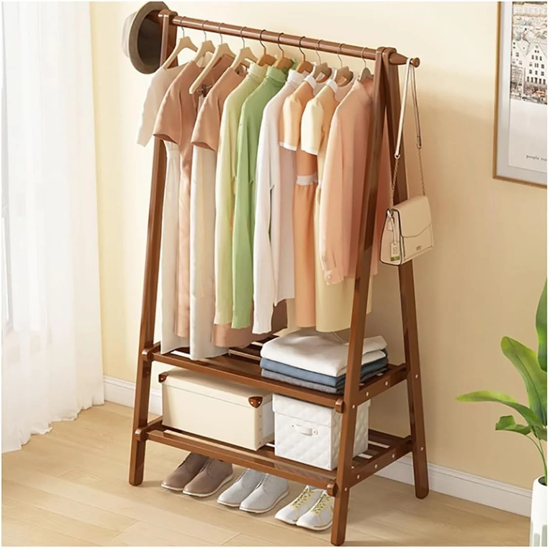 جالباسی ایستاده با قفسه نگهداری کفش، چوب بامبو و فلز، طرح درختی، مونتاژ آسان، مناسب لباس (قهوه ای)