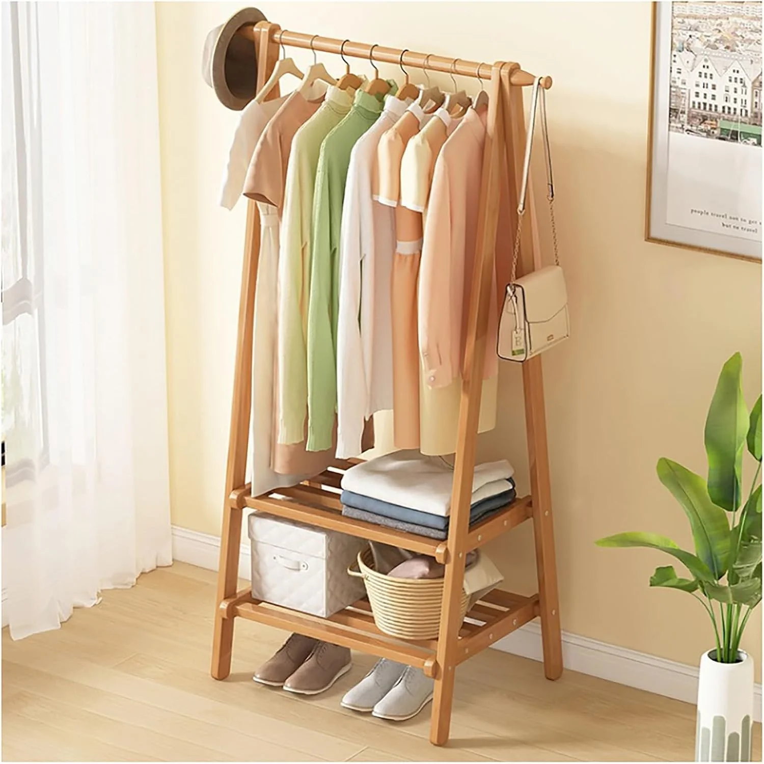 جالباسی ایستاده با قفسه نگهداری کفش، چوب بامبو و فلز، طرح درختی، مونتاژ آسان، مناسب لباس (قهوه ای)