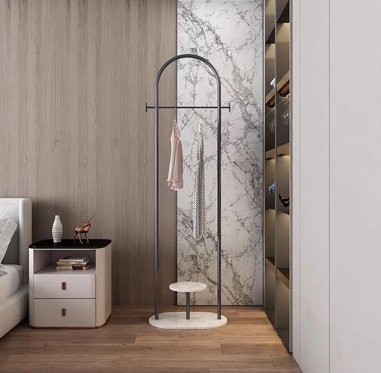 چوب لباسی ایستاده، پایه رخت آویز با پایه مرمری، فلزی، مدرن، رخت آویز ایستاده، رگال لباس، رخت آویز سنگین، آویز لباس، مناسب راهرو، D