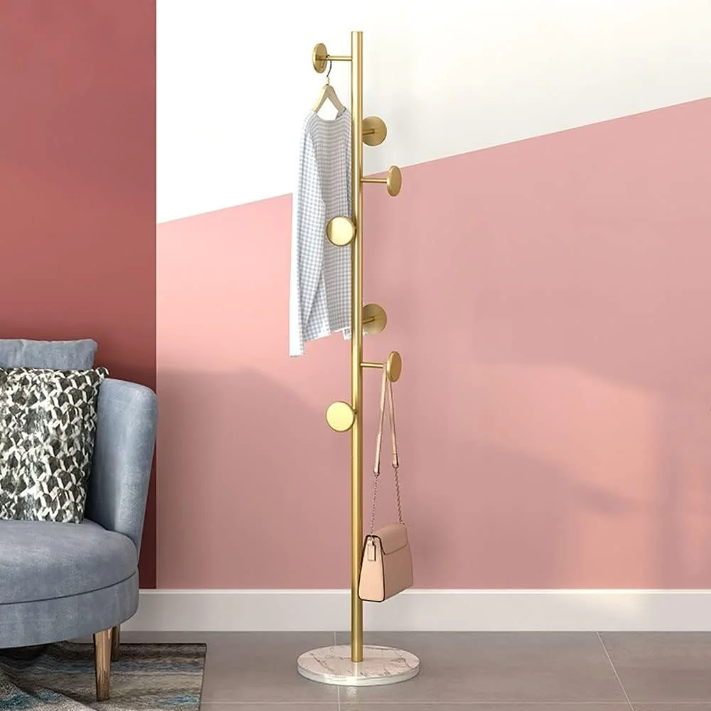 رخت آویز ایستاده، چوب لباسی چند منظوره فلزی، آویز کلاه، پایه آویز فلزی برای لباس، کلاه، شال، پایه ایستاده زمینی اتاق خواب، مونتاژ آسان، پایه درختی (گرد، سفید/طلایی)