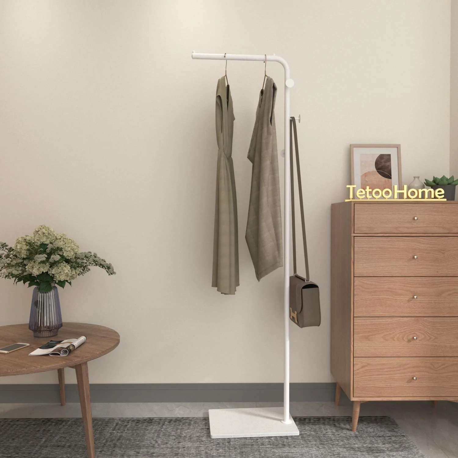 جالباسی فلزی محکم - پایه سنگی بادوام، وزن 5.68 کیلوگرم. شیک و کاربردی برای اتاق خواب، اتاق نشیمن، دفتر و غذاخوری. تمیز کردن آسان و طراحی مدرن (سفید)