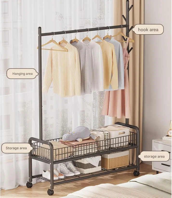 رگال لباس دو طبقه، رگال ایستاده 120 سانتی متری، رگال لباس فلزی سنگین با سبد ذخیره سازی سیمی و رگال آویز برای کت، پیراهن، لباس، کیف (مشکی)