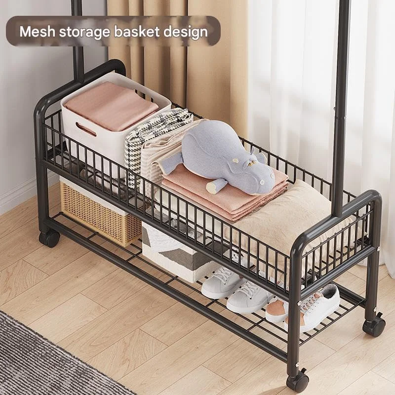 رگال لباس دو طبقه، رگال ایستاده 120 سانتی متری، رگال لباس فلزی سنگین با سبد ذخیره سازی سیمی و رگال آویز برای کت، پیراهن، لباس، کیف (مشکی)