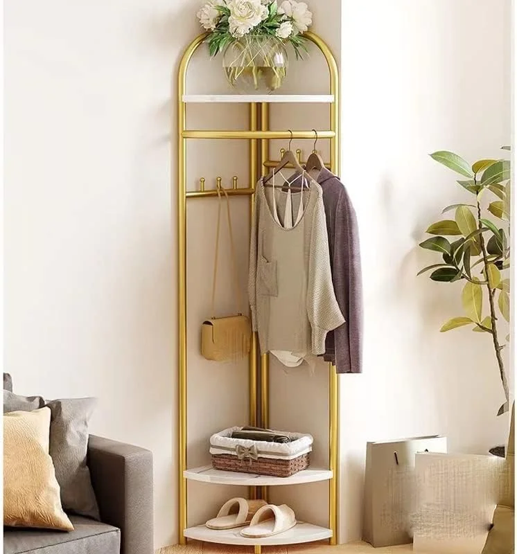 رخت آویز گوشه فلزی خواب عمیق طلایی با قلاب و قفسه ذخیره سازی، رخت آویز ایستاده برای راهرو، ورودی، اتاق خواب، اتاق نشیمن، دفتر کار - درخت سالن شیک و کاربردی