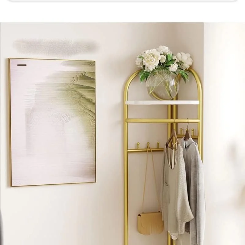 رخت آویز گوشه فلزی خواب عمیق طلایی با قلاب و قفسه ذخیره سازی، رخت آویز ایستاده برای راهرو، ورودی، اتاق خواب، اتاق نشیمن، دفتر کار - درخت سالن شیک و کاربردی