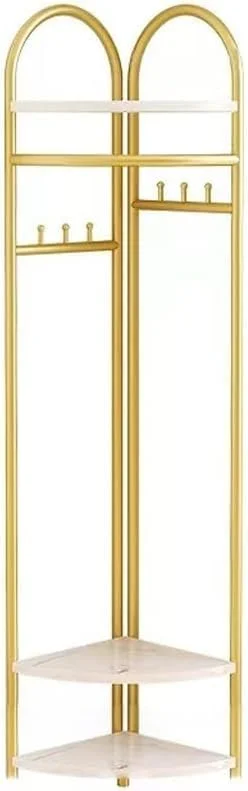 رخت آویز گوشه فلزی خواب عمیق طلایی با قلاب و قفسه ذخیره سازی، رخت آویز ایستاده برای راهرو، ورودی، اتاق خواب، اتاق نشیمن، دفتر کار - درخت سالن شیک و کاربردی