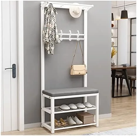 رگال لباس شیک سفید با نیمکت کفش، 12 آویز، 2 میله آویز، قاب فلزی، راه حل ذخیره سازی صرفه جویی در فضا برای کت، کلاه و کفش مناسب برای ورودی منزل. (سفید-60 * 33 * 170 سانتی متر)