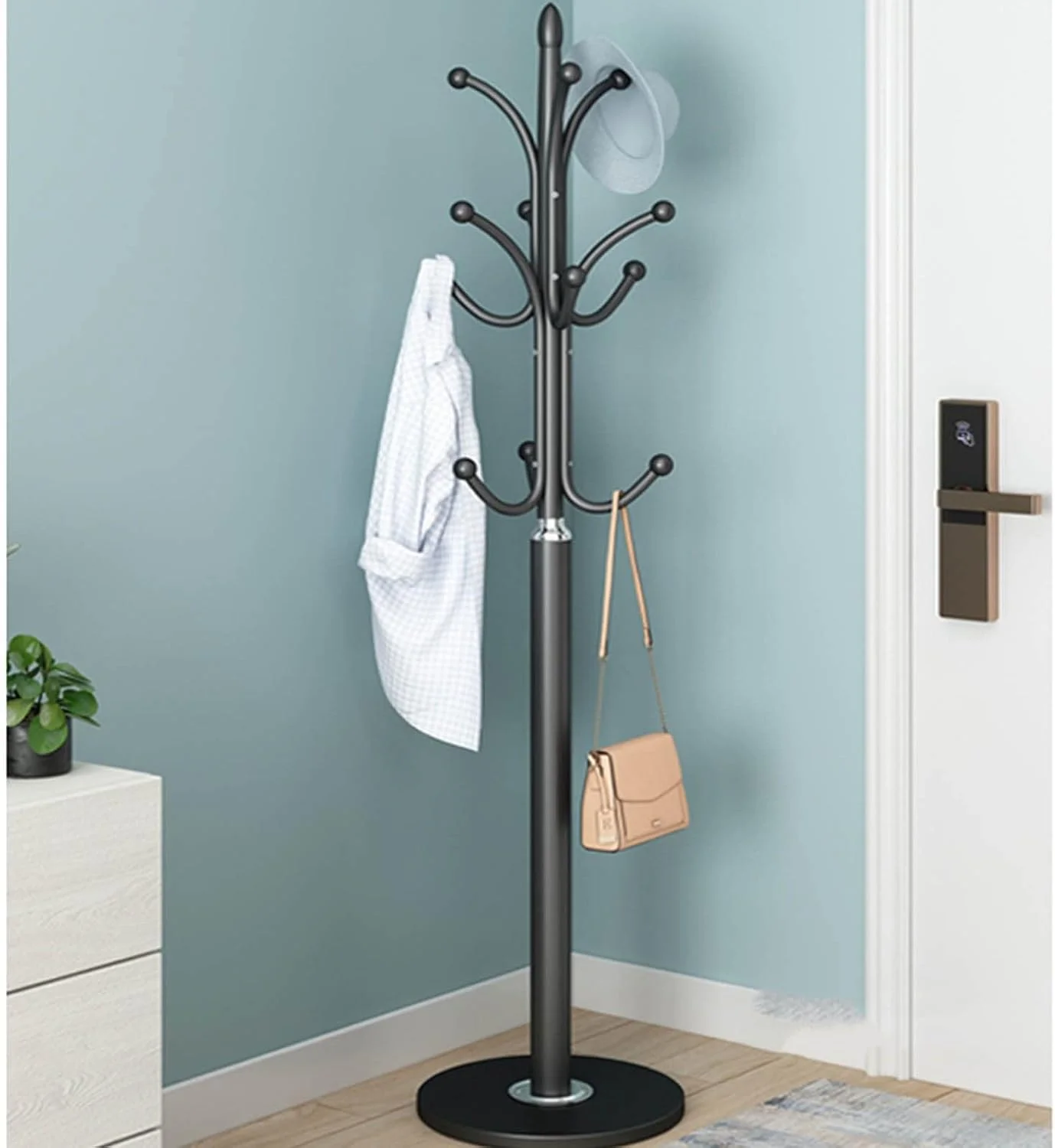 چوب لباسی ایستاده شیک با پایه گرد مرمری با ثبات - آویز فلزی کلاه برای کت، کوله پشتی، چتر و کیف پول - طراحی مدرن قهوه ای برای خانه و دفتر (نوآر) چوب لباسی ایستاده شیک با پایه گرد مرمری با ثبات - آویز فلزی کلاه برای کت، کوله پشتی، چتر و کیف پول - طراحی مدرن قهوه ای برای خانه و دفتر (نوآر)