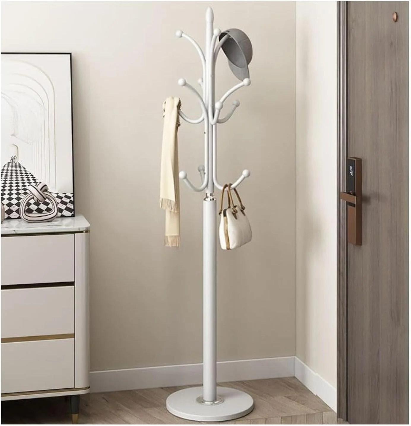 آویز لباس ایستاده TAPIT، چوب لباسی فلزی طرح درختی، مناسب برای لباس، کلاه و کیف، طراحی مدرن، مناسب برای ورودی منزل، اتاق نشیمن، اتاق خواب و اداره (A01-سفید)
