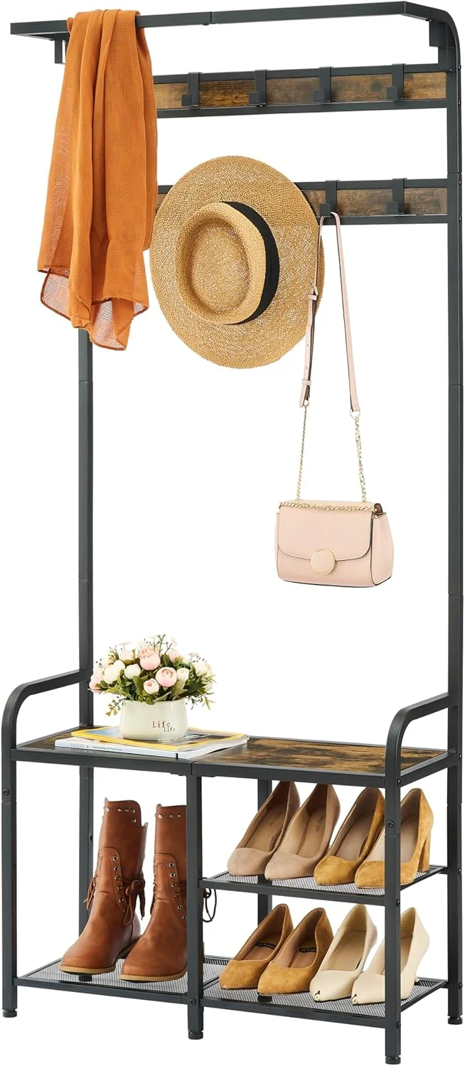 جالباسی Tajsoon، رخت آویز ایستاده با نیمکت جاکفشی برای ورودی، رخت آویز 4 در 1 با نیمکت و فضای ذخیره سازی جاکفشی برای راهرو، 28.55x72x168.5 سانتی متر، فلزی، قهوه ای روستیک و مشکی جالباسی Tajsoon، رخت آویز ایستاده با نیمکت جاکفشی برای ورودی، رخت آویز 4 در 1 با نیمکت و فضای ذخیره سازی جاکفشی برای راهرو، 28.55x72x168.5 سانتی متر، فلزی، قهوه ای روستیک و مشکی