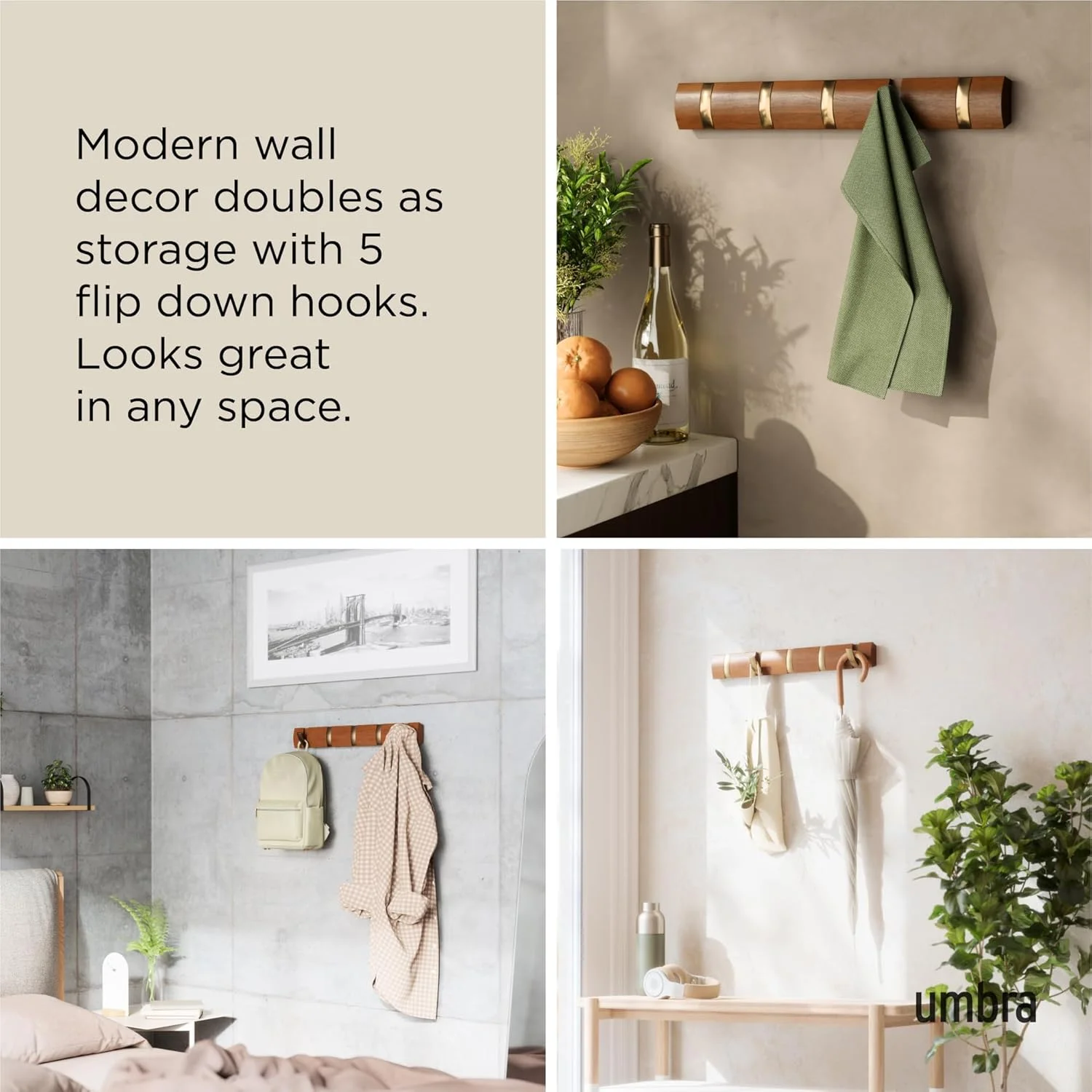 چوب لباسی دیواری 5 شاخه امبرا مدل فلیپ، مدرن، شیک، صرفه جویی در فضا، دارای 5 شاخه جمع شونده برای آویزان کردن کت، شال، کیف دستی و موارد دیگر، گردویی/طلایی سفید. چوب لباسی دیواری 5 شاخه امبرا مدل فلیپ، مدرن، شیک، صرفه جویی در فضا، دارای 5 شاخه جمع شونده برای آویزان کردن کت، شال، کیف دستی و موارد دیگر، گردویی/طلایی سفید.