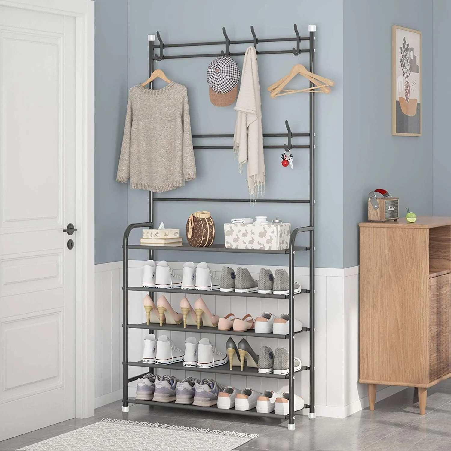 جالباسی چند منظوره توشیونیکس، دارای ۵ طبقه، ۳ در ۱، نیمکت جاکفشی، استند کلید، کلاه، چتر، قفسه های ذخیره سازی با ۸ آویز، سازمان دهنده ۵ لایه زیرین (مشکی) جالباسی چند منظوره توشیونیکس، دارای ۵ طبقه، ۳ در ۱، نیمکت جاکفشی، استند کلید، کلاه، چتر، قفسه های ذخیره سازی با ۸ آویز، سازمان دهنده ۵ لایه زیرین (مشکی)