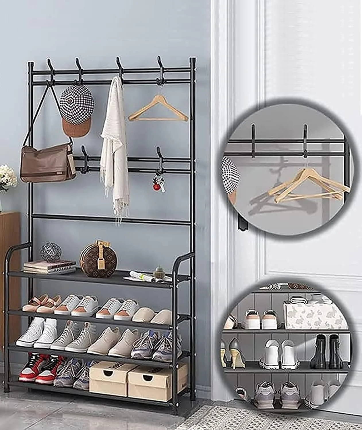 جالباسی چند منظوره ورودی منزل توشیونیکس، دارای ۴ طبقه، ۳ در ۱، نیمکت جاکفشی، استند کلید، کلاه، چتر، قفسه های نگهداری با ۸ آویز، آویز لباس، ۴ طبقه زیرین (مشکی) جالباسی چند منظوره ورودی منزل توشیونیکس، دارای ۴ طبقه، ۳ در ۱، نیمکت جاکفشی، استند کلید، کلاه، چتر، قفسه های نگهداری با ۸ آویز، آویز لباس، ۴ طبقه زیرین (مشکی)