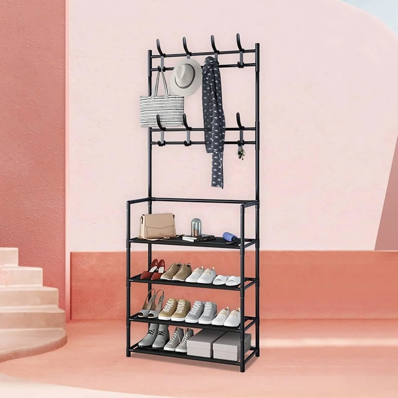 رخت آویز، نیمکت جاکفشی و جالباسی 3 در 1 با قفسه نگهداری کلاه، چتر و 8 آویز، سازمان دهنده چند منظوره راهرو رخت آویز، نیمکت جاکفشی و جالباسی 3 در 1 با قفسه نگهداری کلاه، چتر و 8 آویز، سازمان دهنده چند منظوره راهرو