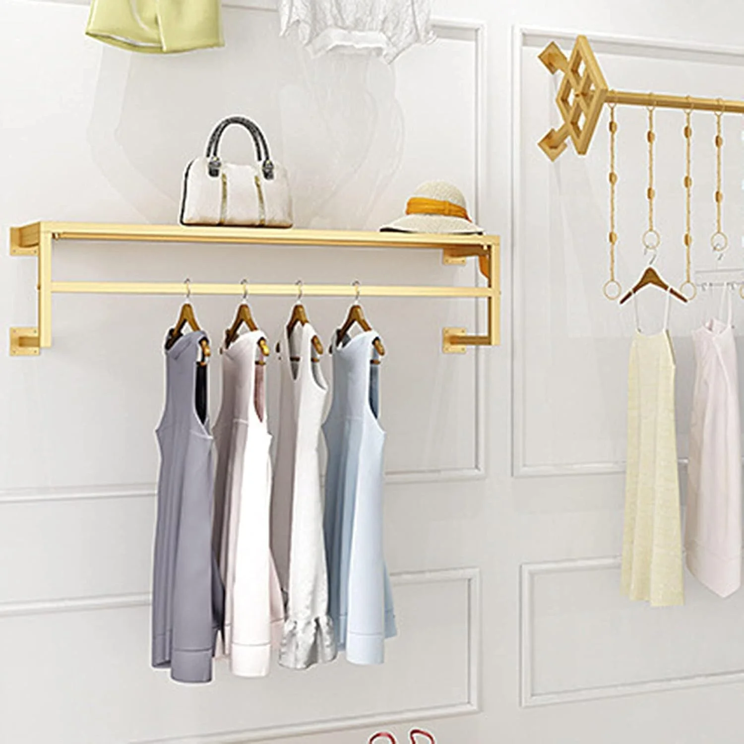 رخت آویز دیواری فلزی با قفسه، ریل لباس صنعتی، رخت آویز کرومی سنگین و جداشدنی، طلایی، 100 سانتی متر رخت آویز دیواری فلزی با قفسه، ریل لباس صنعتی، رخت آویز کرومی سنگین و جداشدنی، طلایی، 100 سانتی متر