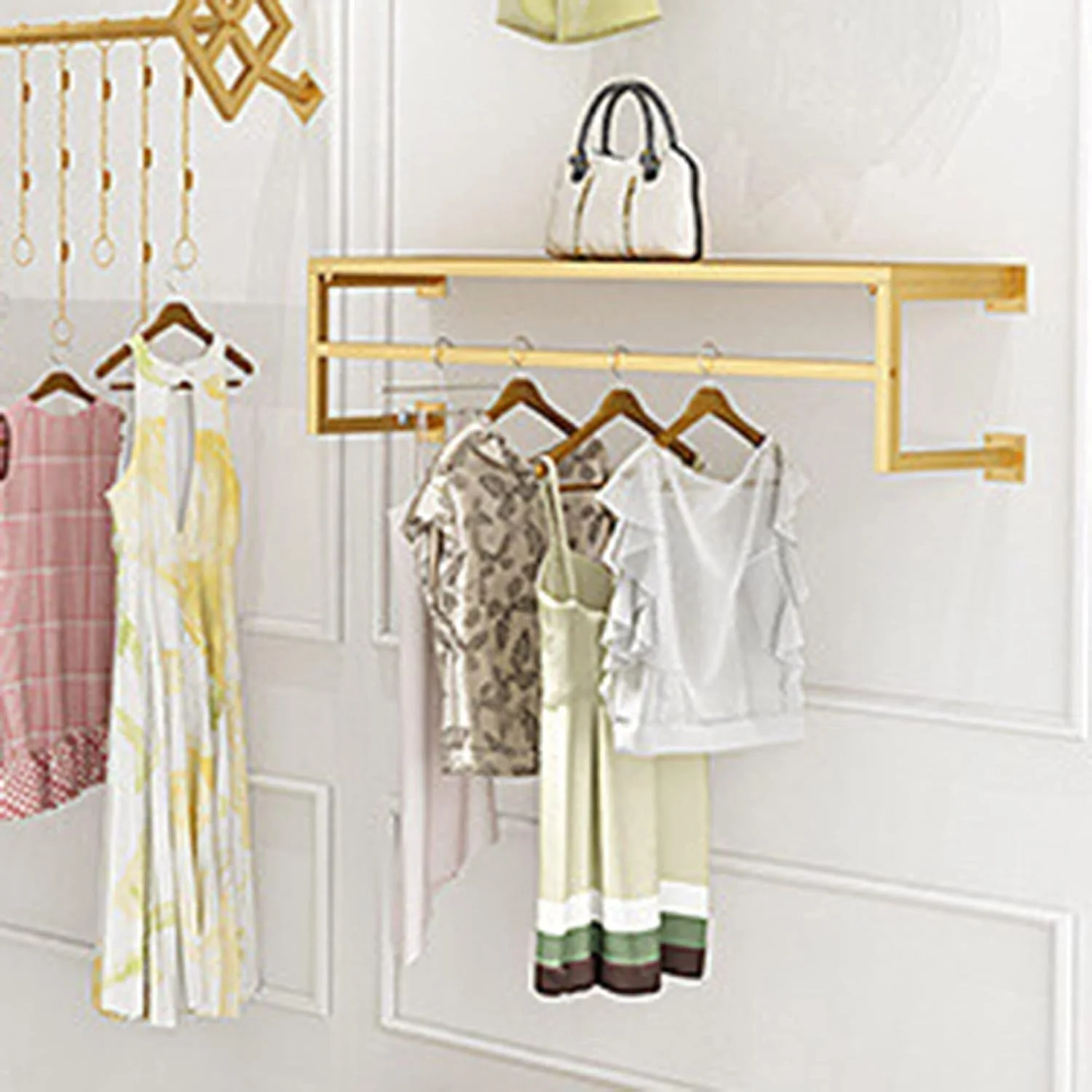 رخت آویز دیواری فلزی با قفسه، ریل لباس صنعتی، رخت آویز کرومی سنگین و جداشدنی، طلایی، 100 سانتی متر رخت آویز دیواری فلزی با قفسه، ریل لباس صنعتی، رخت آویز کرومی سنگین و جداشدنی، طلایی، 100 سانتی متر