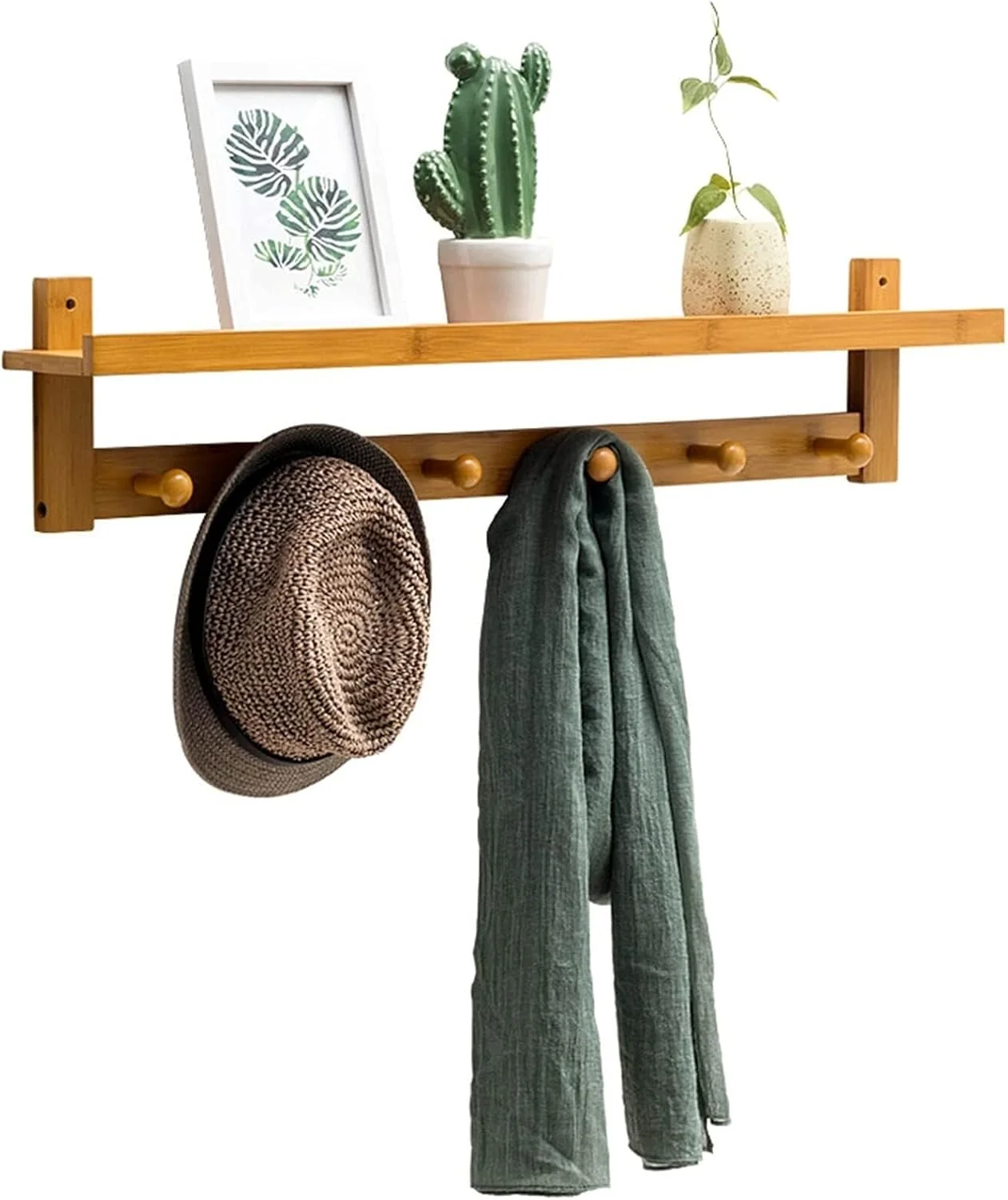 چوب لباسی دیواری چوبی با ۶ آویز و قفسه نمایش، نصب آسان برای ورودی، اتاق خواب، حمام، راهرو چوب لباسی دیواری چوبی با ۶ آویز و قفسه نمایش، نصب آسان برای ورودی، اتاق خواب، حمام، راهرو