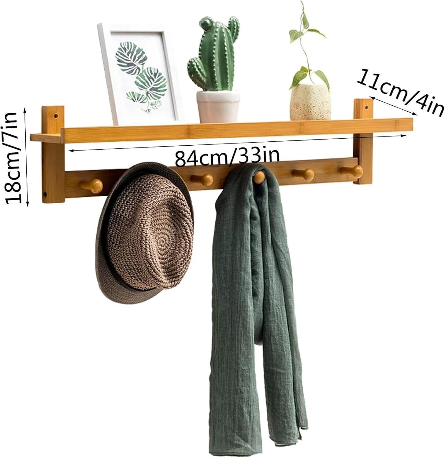 چوب لباسی دیواری چوبی با ۶ آویز و قفسه نمایش، نصب آسان برای ورودی، اتاق خواب، حمام، راهرو چوب لباسی دیواری چوبی با ۶ آویز و قفسه نمایش، نصب آسان برای ورودی، اتاق خواب، حمام، راهرو