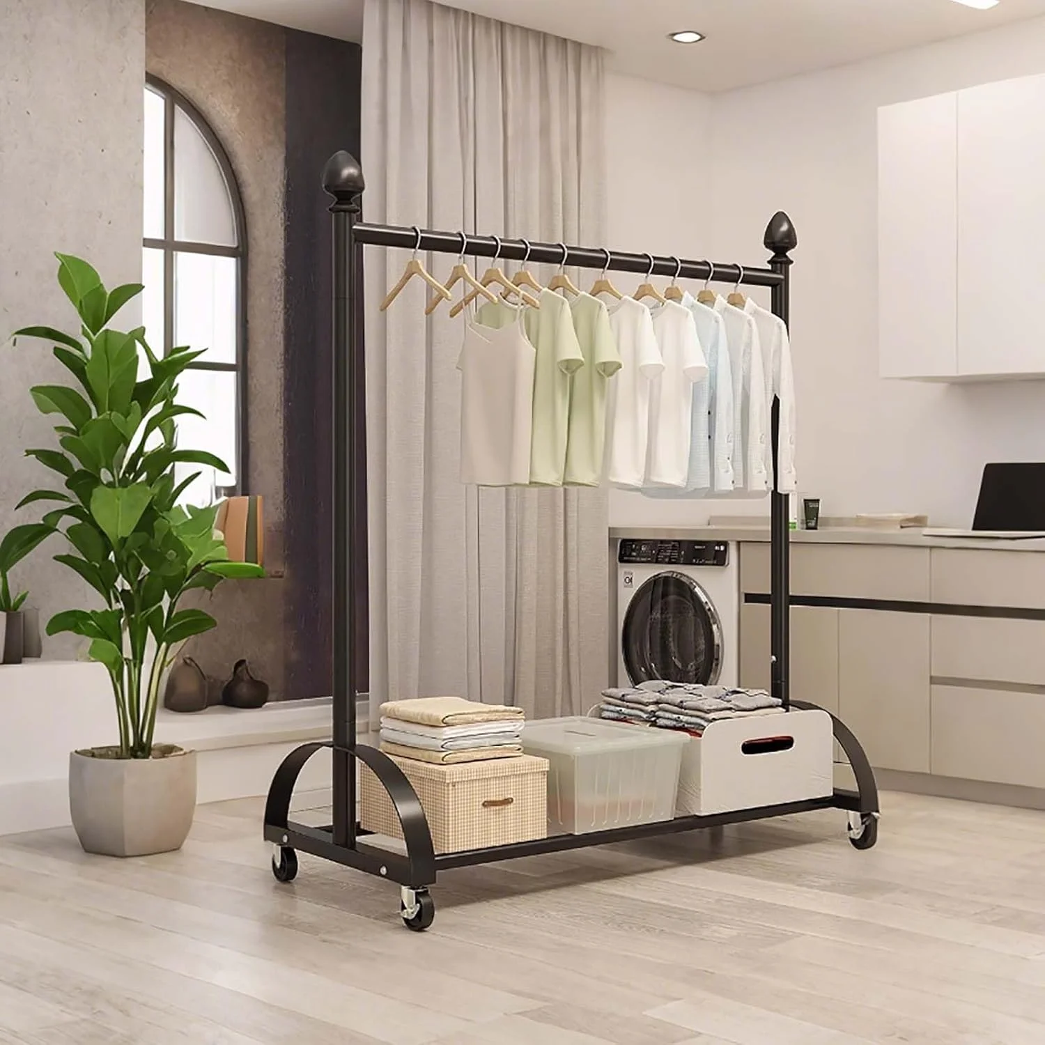 رگال لباس ساده و چندمنظوره با چرخ و قاب فلزی، دارای قفسه و قلاب برای نگهداری کت/کلاه، راهکاری برای نمایش لباس (سفید - 100 سانتی متر) رگال لباس ساده و چندمنظوره با چرخ و قاب فلزی، دارای قفسه و قلاب برای نگهداری کت/کلاه، راهکاری برای نمایش لباس (سفید - 100 سانتی متر)