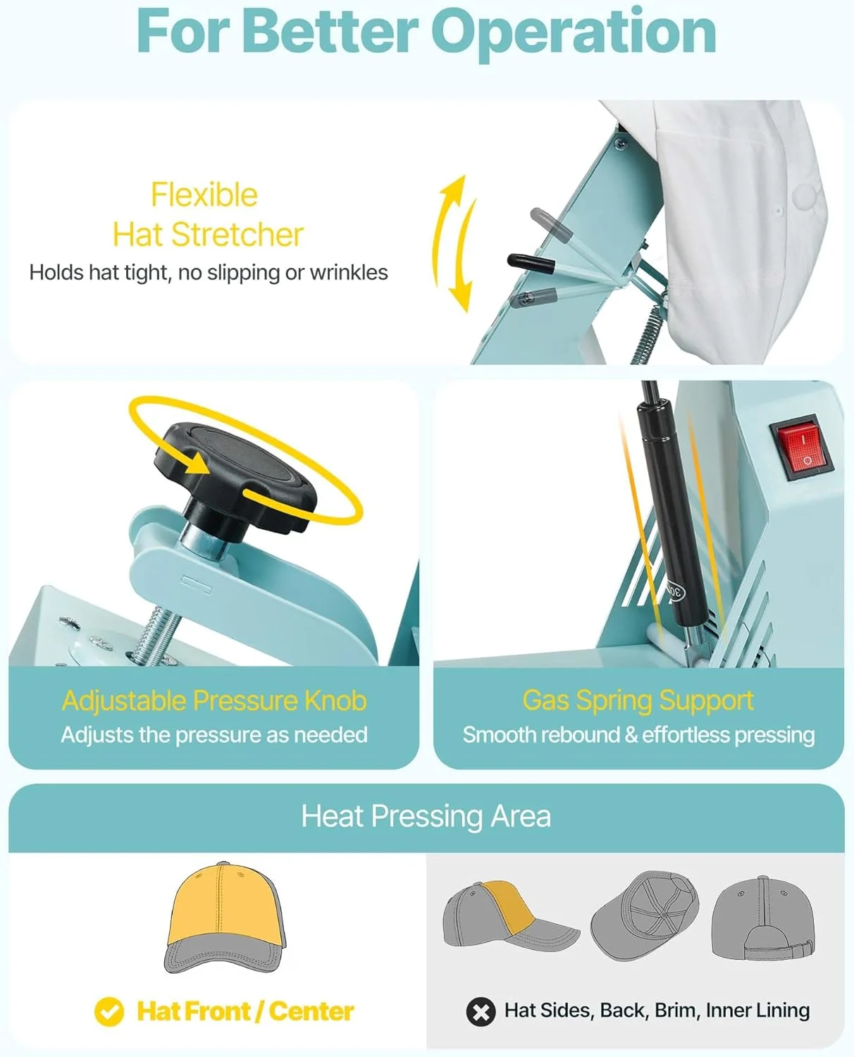 دستگاه پرس کلاه VEVOR با 2 صفحه قابل تعویض (16 x 6.5 سانتی متر / 16 x 8 سانتی متر)، دستگاه پرس حرارتی کلاه با کنترل دقیق دما و زمان، دستگاه پرس حرارتی کلاه برای کلاه ها، هدبندها، ماسک های صورت دستگاه پرس کلاه VEVOR با 2 صفحه قابل تعویض (16 x 6.5 سانتی متر / 16 x 8 سانتی متر)، دستگاه پرس حرارتی کلاه با کنترل دقیق دما و زمان، دستگاه پرس حرارتی کلاه برای کلاه ها، هدبندها، ماسک های صورت