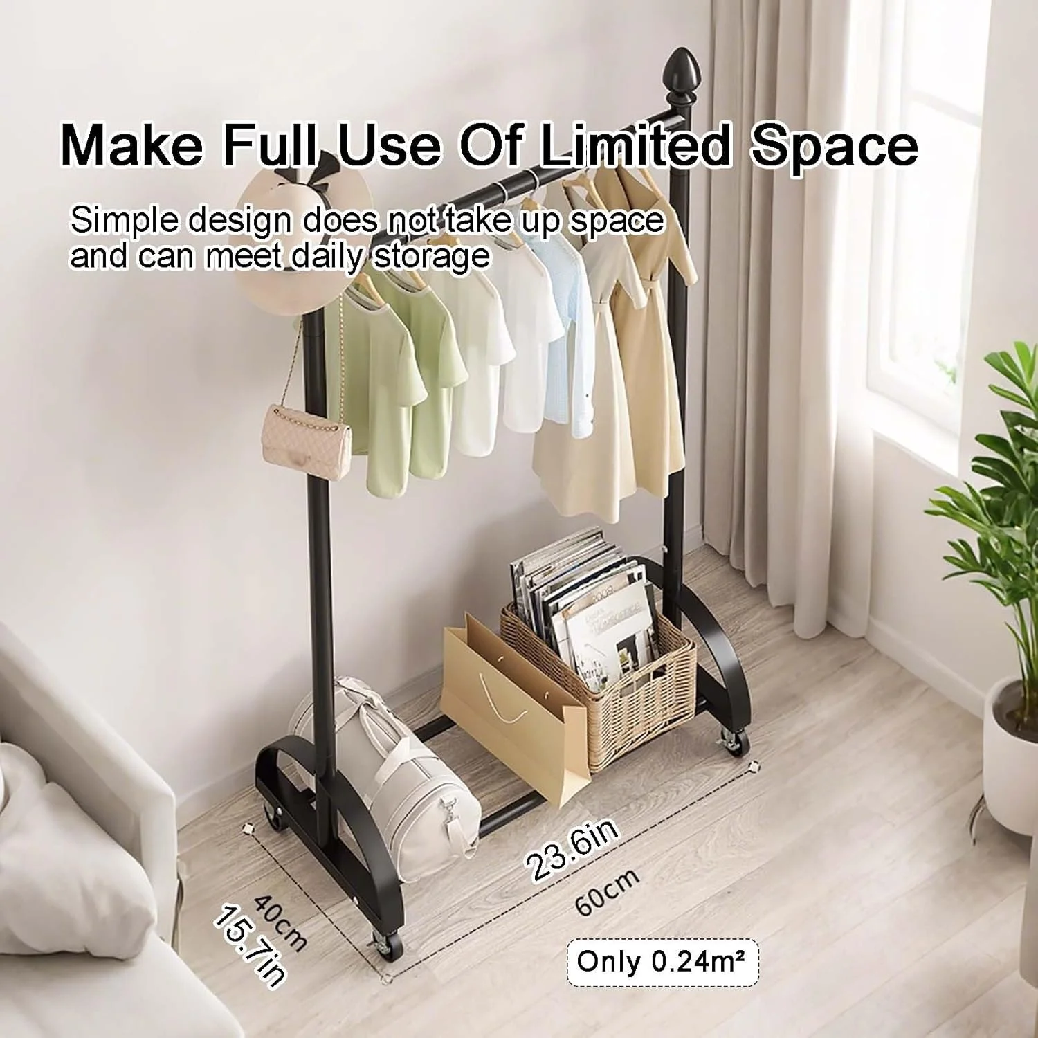 رگال لباس ساده و چندمنظوره با چرخ و قاب فلزی، دارای قفسه و قلاب برای نگهداری کت/کلاه، راهکاری برای نمایش لباس (سفید - 100 سانتی متر) رگال لباس ساده و چندمنظوره با چرخ و قاب فلزی، دارای قفسه و قلاب برای نگهداری کت/کلاه، راهکاری برای نمایش لباس (سفید - 100 سانتی متر)