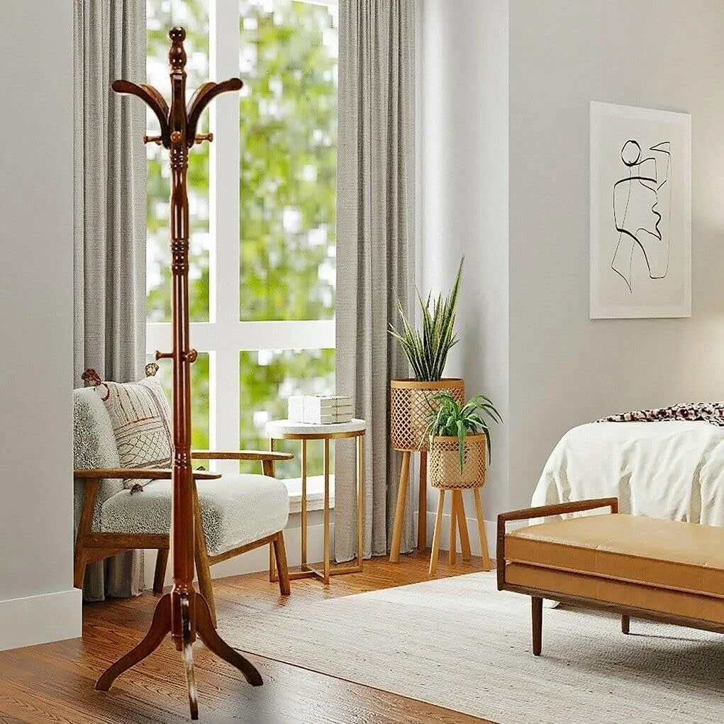 چوب لباسی ایستاده چوبی Wisfor، جالباسی چوبی راش جامد با 13 آویز قابل تنظیم ارتفاع، مناسب برای ورودی خانه و اداره، با پایه سه پایه پایدار چوب لباسی ایستاده چوبی Wisfor، جالباسی چوبی راش جامد با 13 آویز قابل تنظیم ارتفاع، مناسب برای ورودی خانه و اداره، با پایه سه پایه پایدار