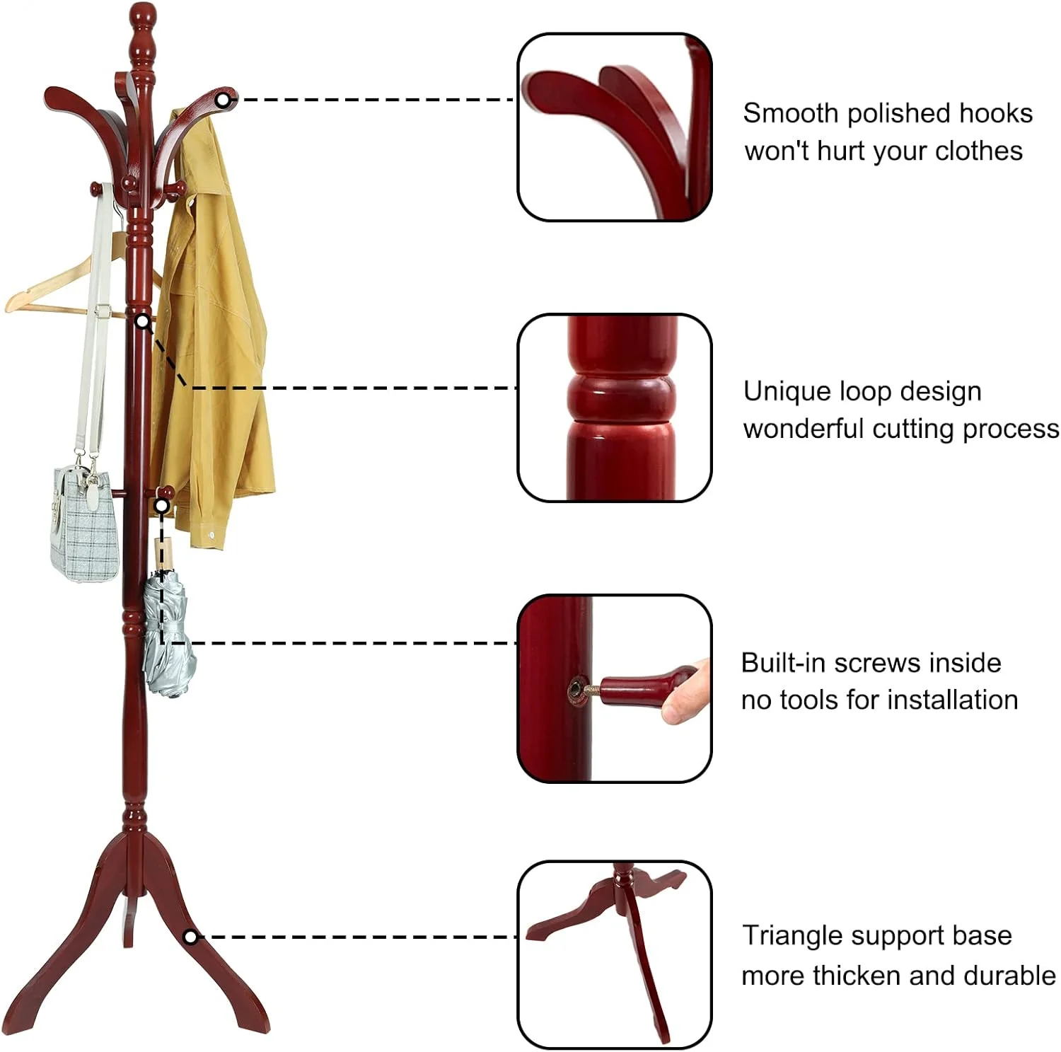 چوب لباسی ایستاده چوبی Wisfor، جالباسی چوبی راش جامد با 13 آویز قابل تنظیم ارتفاع، مناسب برای ورودی خانه و اداره، با پایه سه پایه پایدار چوب لباسی ایستاده چوبی Wisfor، جالباسی چوبی راش جامد با 13 آویز قابل تنظیم ارتفاع، مناسب برای ورودی خانه و اداره، با پایه سه پایه پایدار