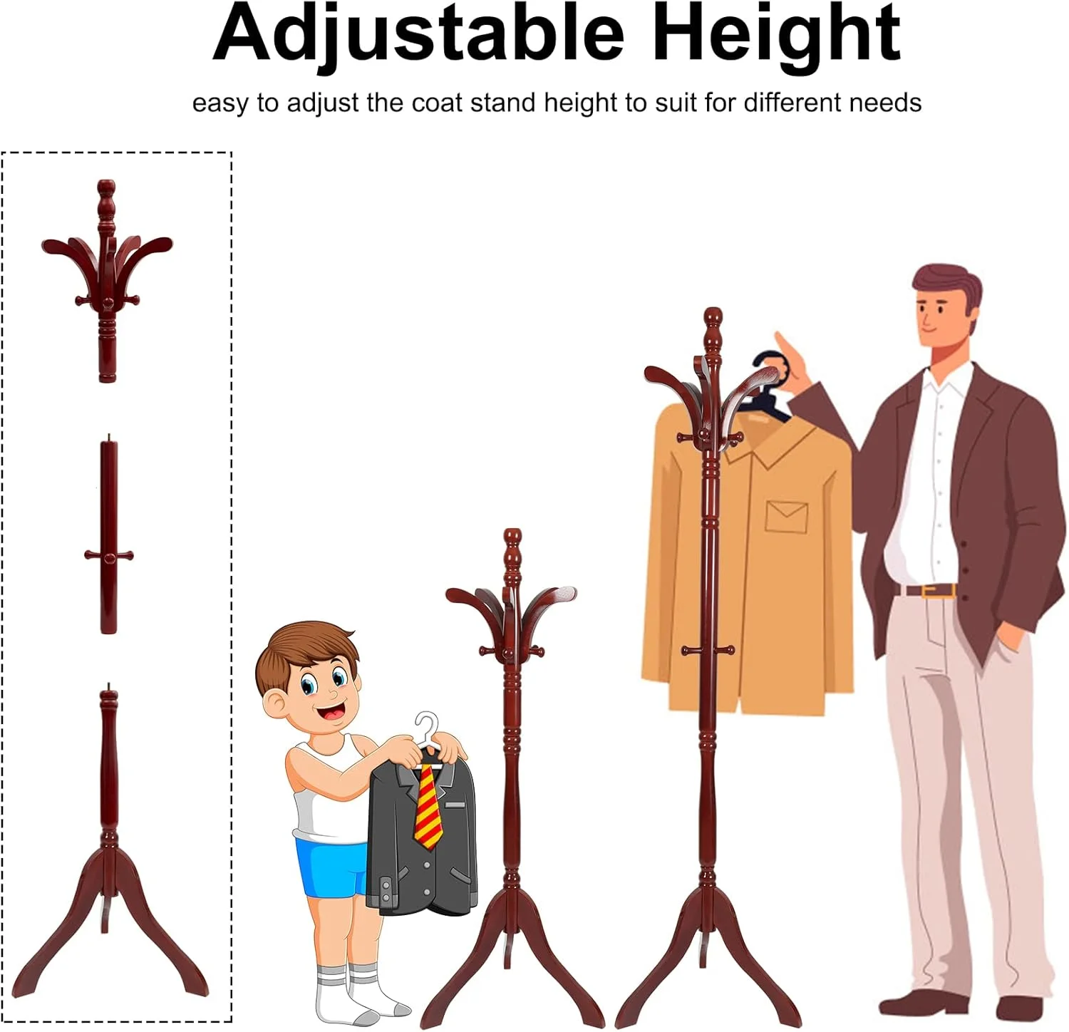 چوب لباسی ایستاده چوبی Wisfor، جالباسی چوبی راش جامد با 13 آویز قابل تنظیم ارتفاع، مناسب برای ورودی خانه و اداره، با پایه سه پایه پایدار چوب لباسی ایستاده چوبی Wisfor، جالباسی چوبی راش جامد با 13 آویز قابل تنظیم ارتفاع، مناسب برای ورودی خانه و اداره، با پایه سه پایه پایدار