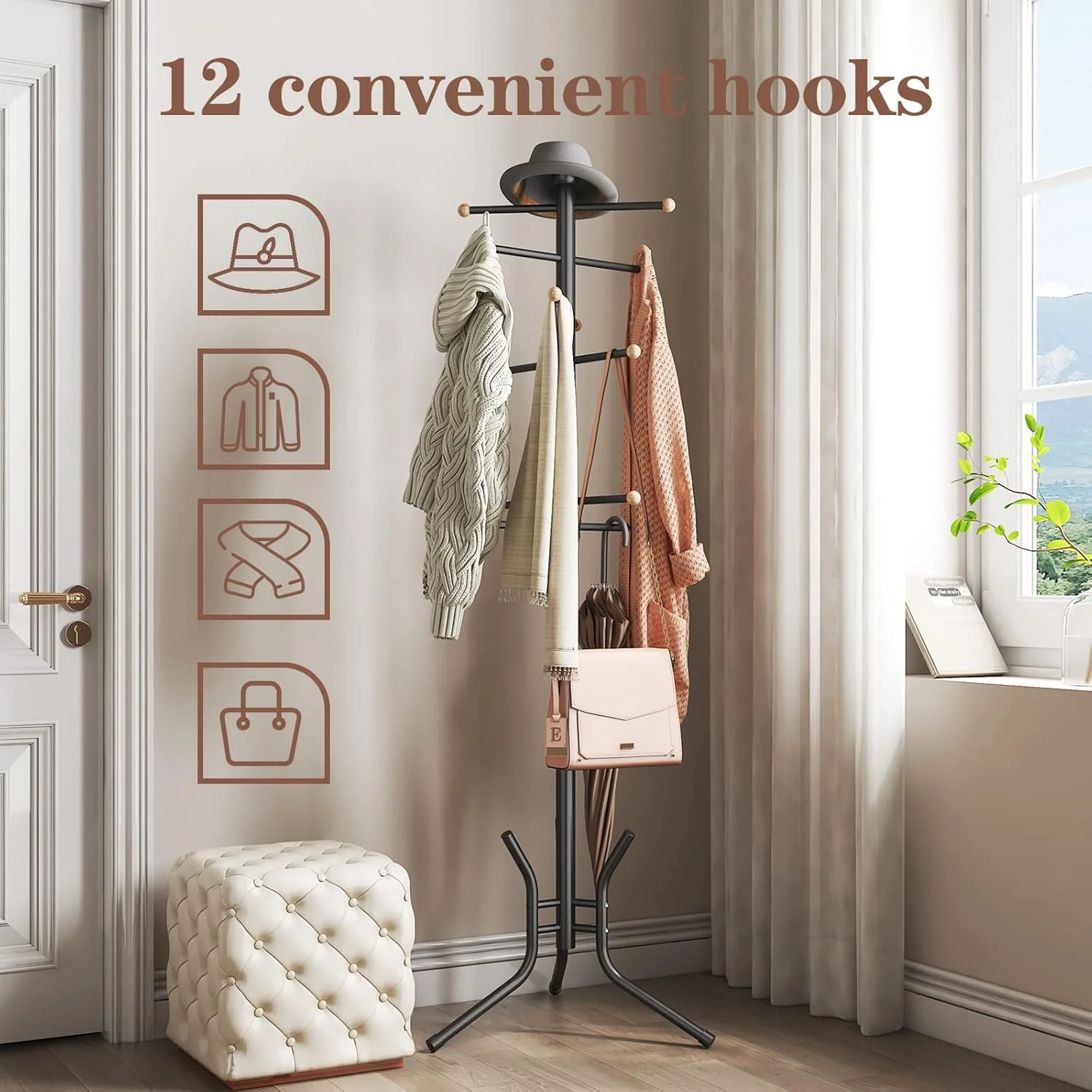 چوب لباسی ایستاده Wisdom Star، دارای 12 آویز، مناسب برای اتاق خواب، نشیمن، اداره، قابل استفاده برای آویزان کردن لباس، کلاه، کیف، مشکی چوب لباسی ایستاده Wisdom Star، دارای 12 آویز، مناسب برای اتاق خواب، نشیمن، اداره، قابل استفاده برای آویزان کردن لباس، کلاه، کیف، مشکی