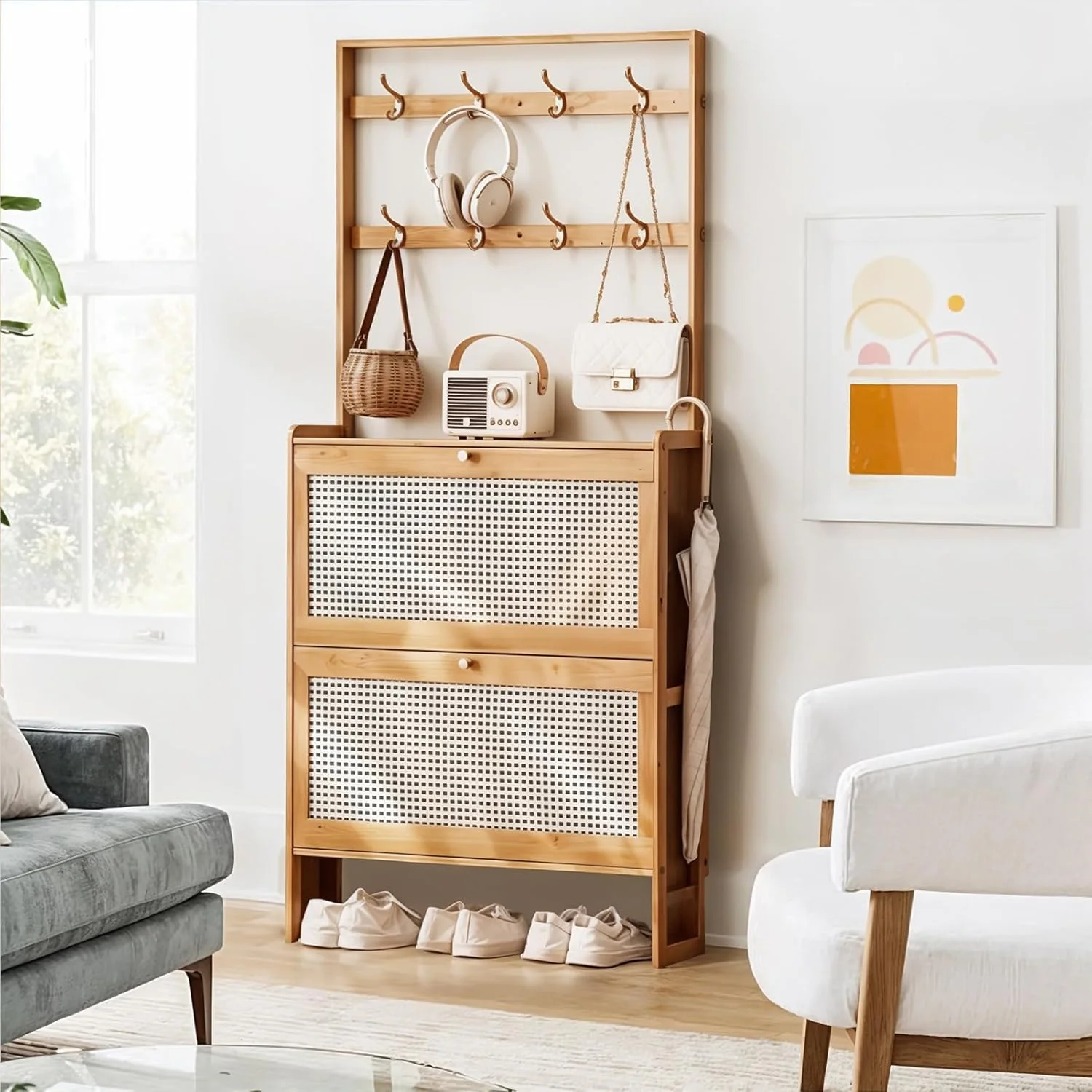رخت آویز Warmiehomy، ارتفاع 152 سانتی متر با کابینت ذخیره کفش تاشو 2 لایه، جالباسی ایستاده با 8 قلاب، قفسه کفش و لباس برای ورودی، راهرو، 70x17x152 سانتی متر، طبیعی رخت آویز Warmiehomy، ارتفاع 152 سانتی متر با کابینت ذخیره کفش تاشو 2 لایه، جالباسی ایستاده با 8 قلاب، قفسه کفش و لباس برای ورودی، راهرو، 70x17x152 سانتی متر، طبیعی