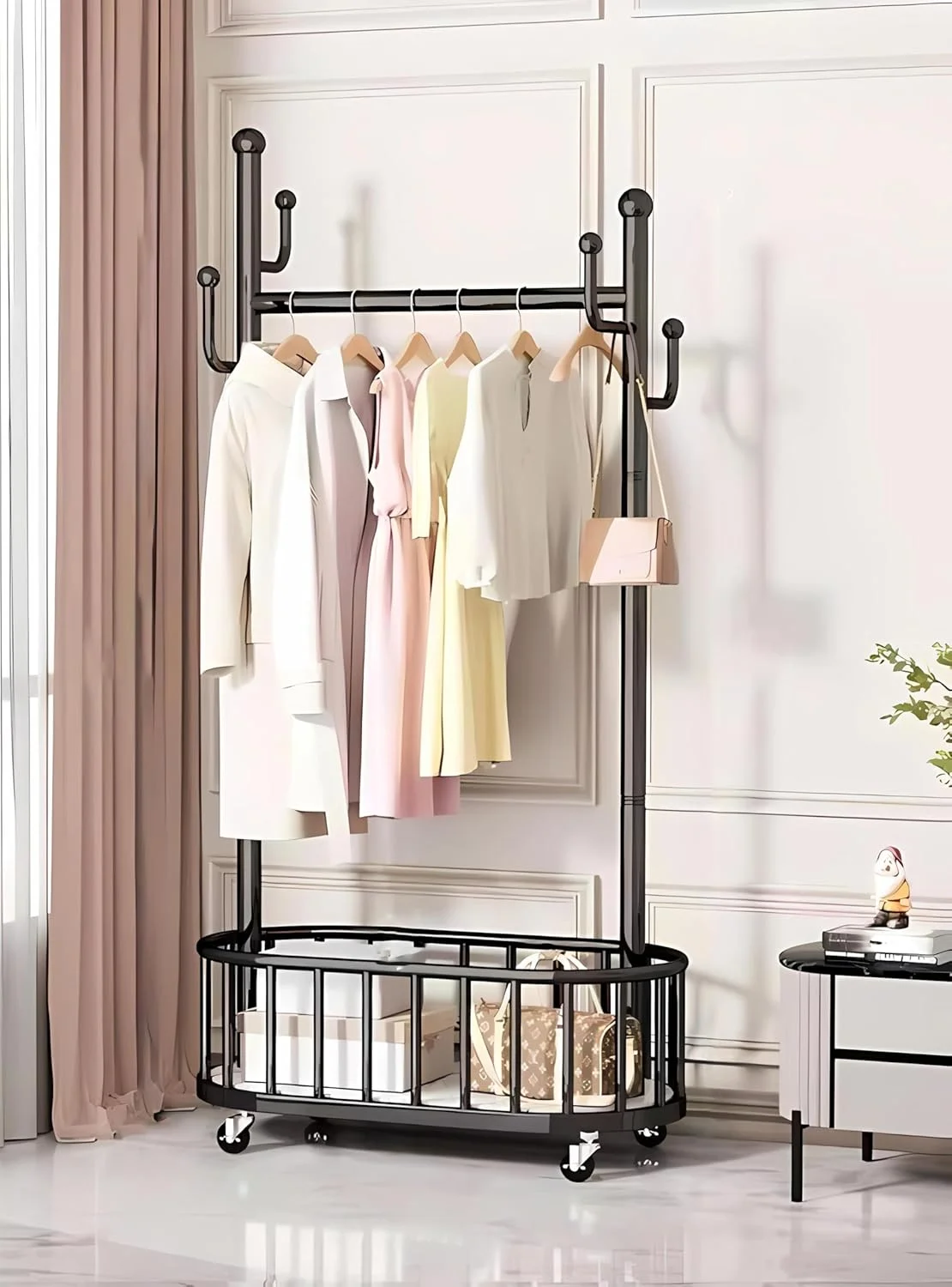 رگال لباس مشکی WEKOTEE با چرخ، رگال لباس متحرک با سبد ذخیره سازی، پایه رگال فلزی قابل حمل برای آویزان کردن لباس، رگال آویز لباس سنگین اتاق خواب، 80 سانتی متر رگال لباس مشکی WEKOTEE با چرخ، رگال لباس متحرک با سبد ذخیره سازی، پایه رگال فلزی قابل حمل برای آویزان کردن لباس، رگال آویز لباس سنگین اتاق خواب، 80 سانتی متر