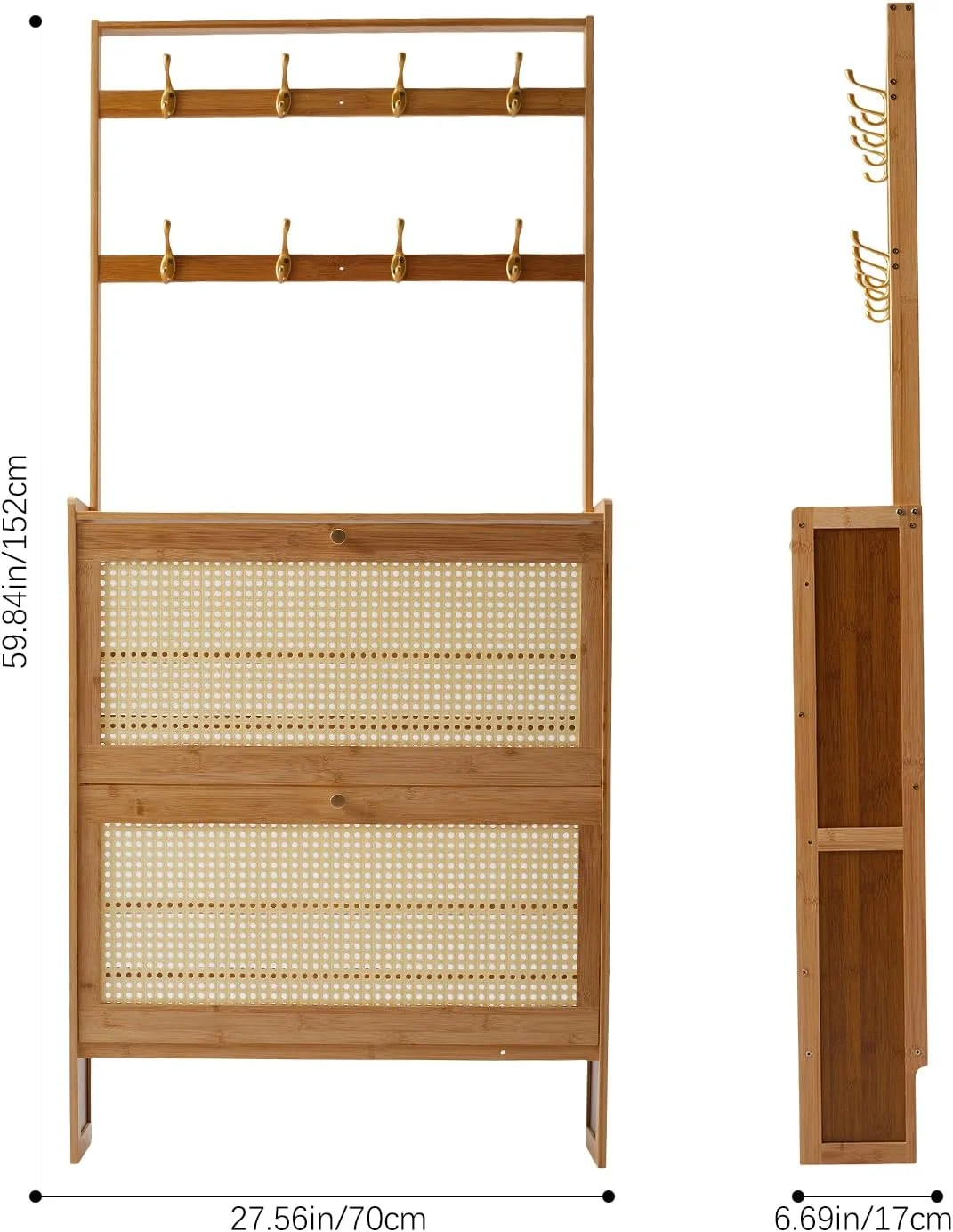 رخت آویز Warmiehomy، ارتفاع 152 سانتی متر با کابینت ذخیره کفش تاشو 2 لایه، جالباسی ایستاده با 8 قلاب، قفسه کفش و لباس برای ورودی، راهرو، 70x17x152 سانتی متر، طبیعی رخت آویز Warmiehomy، ارتفاع 152 سانتی متر با کابینت ذخیره کفش تاشو 2 لایه، جالباسی ایستاده با 8 قلاب، قفسه کفش و لباس برای ورودی، راهرو، 70x17x152 سانتی متر، طبیعی