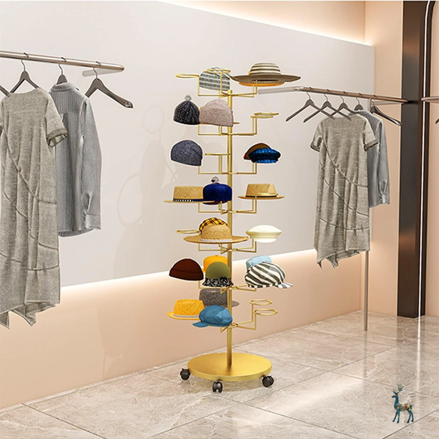استند کلاه فلزی چرخشی 7 طبقه سفید - استند شیک و ایستاده برای نمایش کلاه و کلاه گیس و نگهداری کلاه (طلایی - 4 طبقه) استند کلاه فلزی چرخشی 7 طبقه سفید - استند شیک و ایستاده برای نمایش کلاه و کلاه گیس و نگهداری کلاه (طلایی - 4 طبقه)