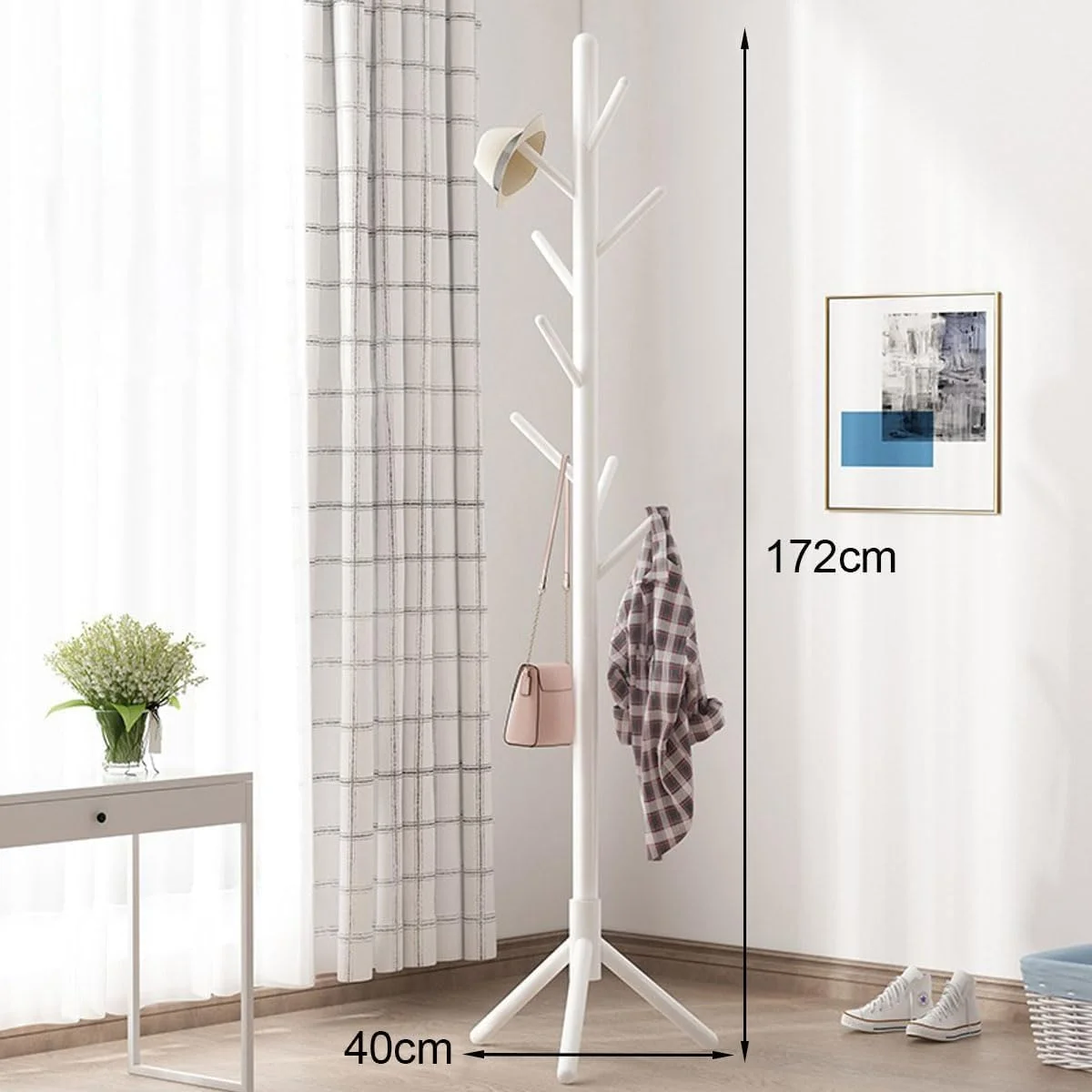 چوب لباسی ایستاده چوبی با ۸ آویز از جنس چوب کاج مناسب برای کت، کلاه، شال گردن، لباس و کیف دستی (سفید) چوب لباسی ایستاده چوبی با ۸ آویز از جنس چوب کاج مناسب برای کت، کلاه، شال گردن، لباس و کیف دستی (سفید)