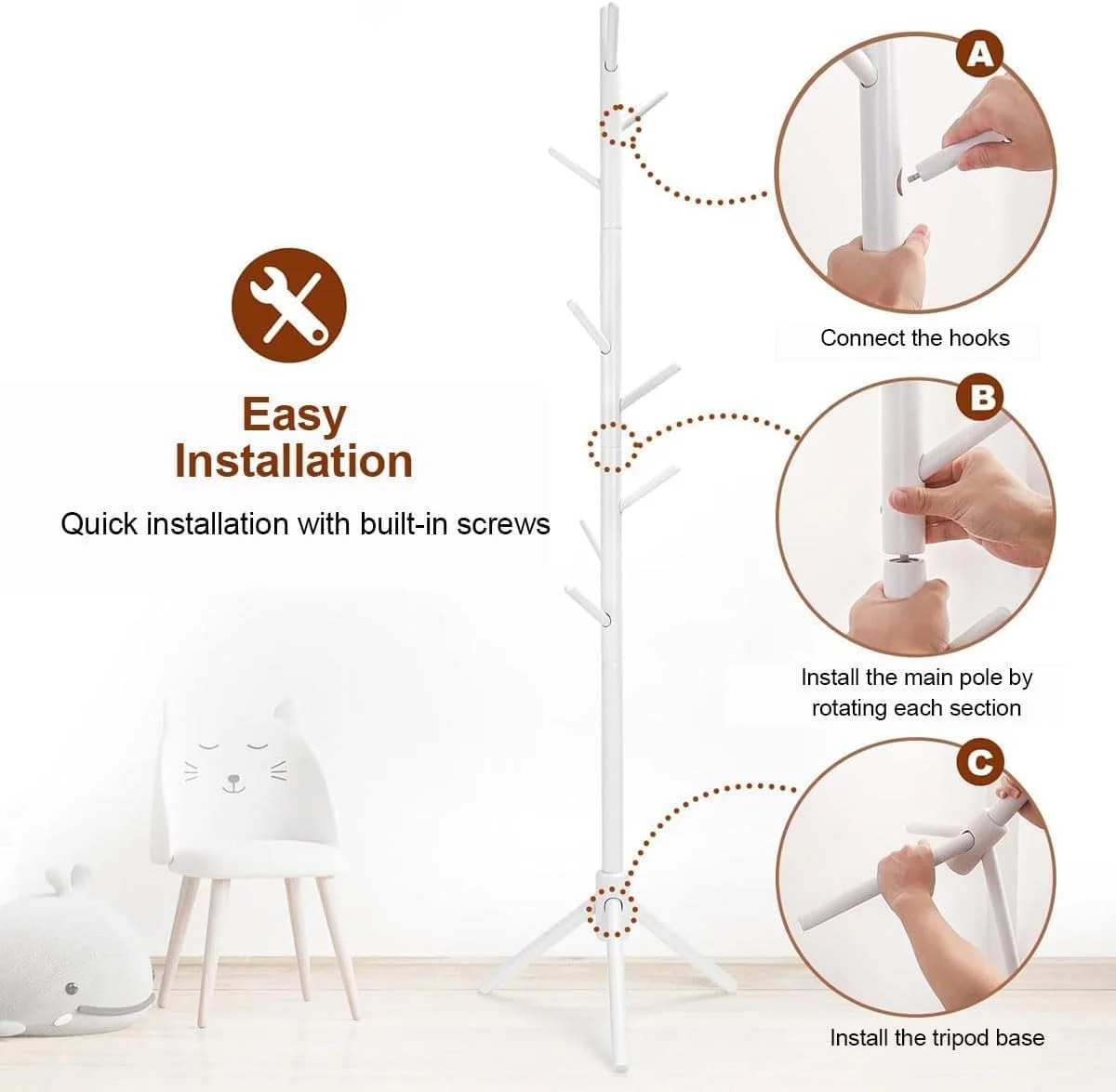 چوب لباسی ایستاده چوبی با ۸ آویز از جنس چوب کاج مناسب برای کت، کلاه، شال گردن، لباس و کیف دستی (سفید) چوب لباسی ایستاده چوبی با ۸ آویز از جنس چوب کاج مناسب برای کت، کلاه، شال گردن، لباس و کیف دستی (سفید)