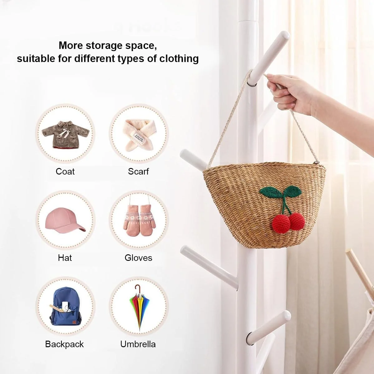 چوب لباسی ایستاده چوبی با ۸ آویز از جنس چوب کاج مناسب برای کت، کلاه، شال گردن، لباس و کیف دستی (سفید) چوب لباسی ایستاده چوبی با ۸ آویز از جنس چوب کاج مناسب برای کت، کلاه، شال گردن، لباس و کیف دستی (سفید)