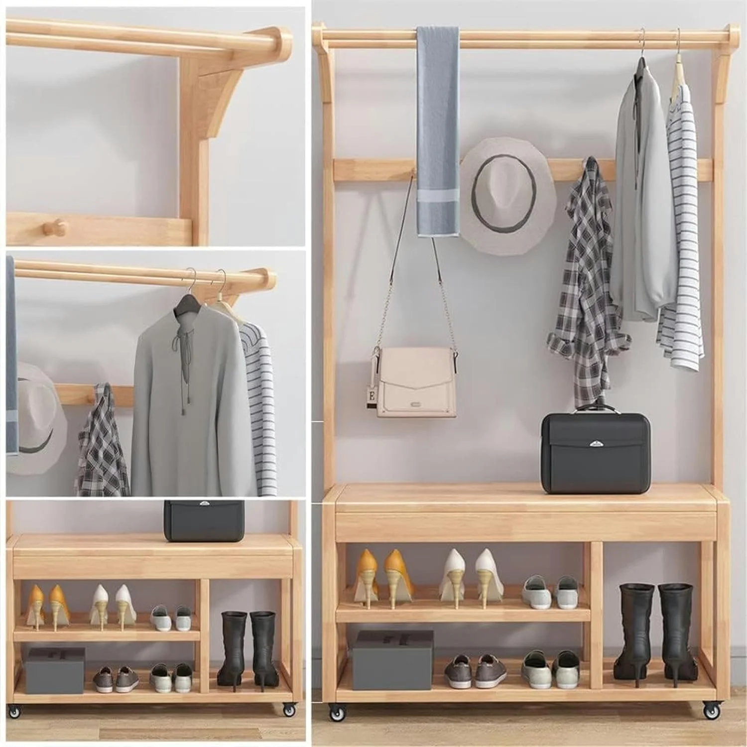 چوب لباسی ایستاده چوبی با قلاب، آویز بزرگ با 3 قلاب و جاکفشی 3 طبقه، راهروی چند منظوره، رخت آویز محکم با چرخ (چوب - 80X30X170 سانتی متر) چوب لباسی ایستاده چوبی با قلاب، آویز بزرگ با 3 قلاب و جاکفشی 3 طبقه، راهروی چند منظوره، رخت آویز محکم با چرخ (چوب - 80X30X170 سانتی متر)