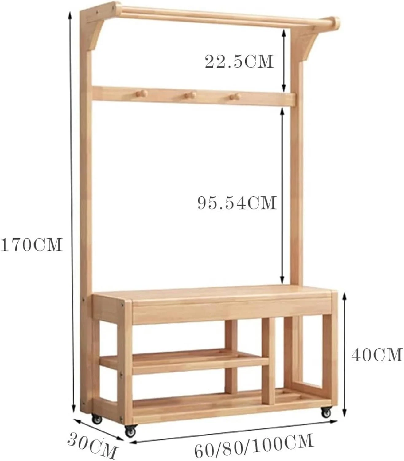 چوب لباسی ایستاده چوبی با قلاب، آویز بزرگ با 3 قلاب و جاکفشی 3 طبقه، راهروی چند منظوره، رخت آویز محکم با چرخ (چوب - 80X30X170 سانتی متر) چوب لباسی ایستاده چوبی با قلاب، آویز بزرگ با 3 قلاب و جاکفشی 3 طبقه، راهروی چند منظوره، رخت آویز محکم با چرخ (چوب - 80X30X170 سانتی متر)